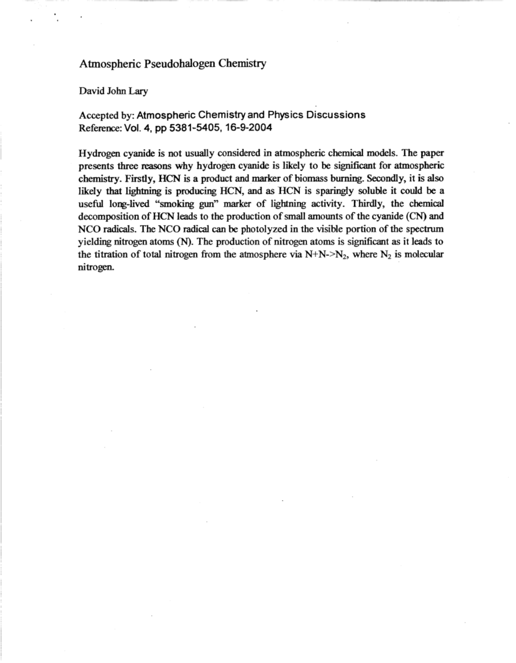 Atmospheric Pseudohalogen Chemistry