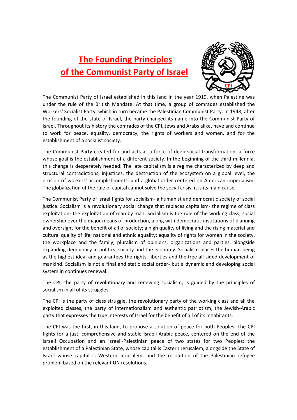 The Founding Principles of the Communist Party of Israel