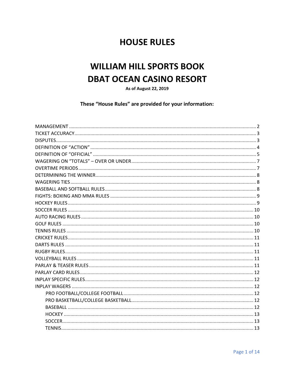 House Rules William Hill Sports Book Dbat Ocean