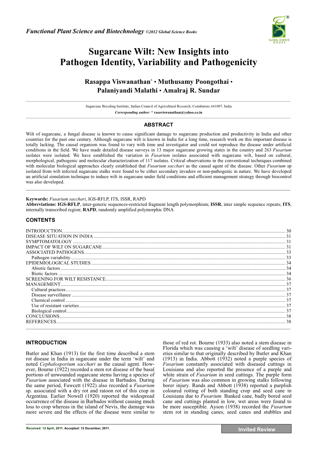 Sugarcane Wilt: New Insights Into Pathogen Identity, Variability and Pathogenicity