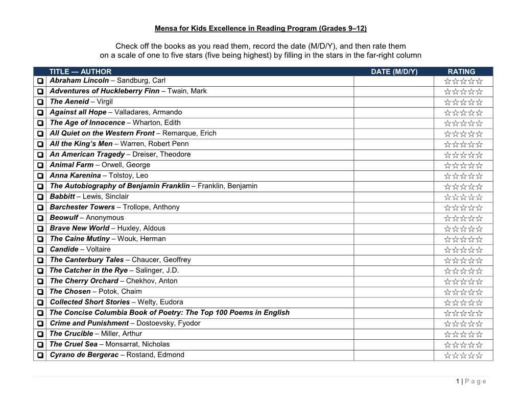 Mensa for Kids Excellence in Reading List (Grades 9-12)