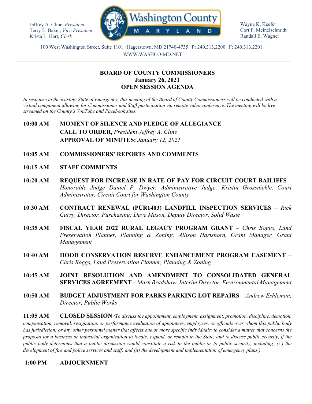 BOARD of COUNTY COMMISSIONERS January 26, 2021 OPEN SESSION AGENDA