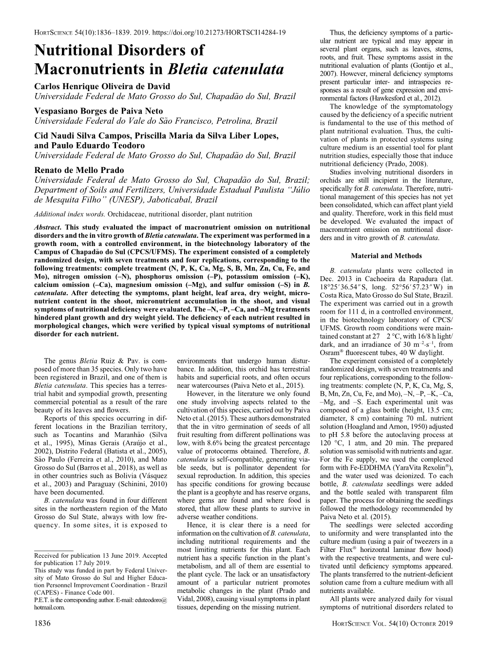 Nutritional Disorders of Macronutrients in Bletia Catenulata