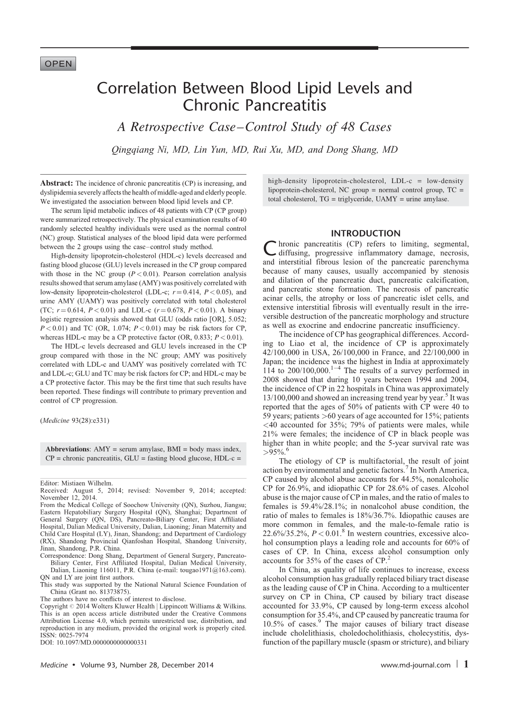 Correlation Between Blood Lipid Levels and Chronic Pancreatitis a Retrospective Case–Control Study of 48 Cases