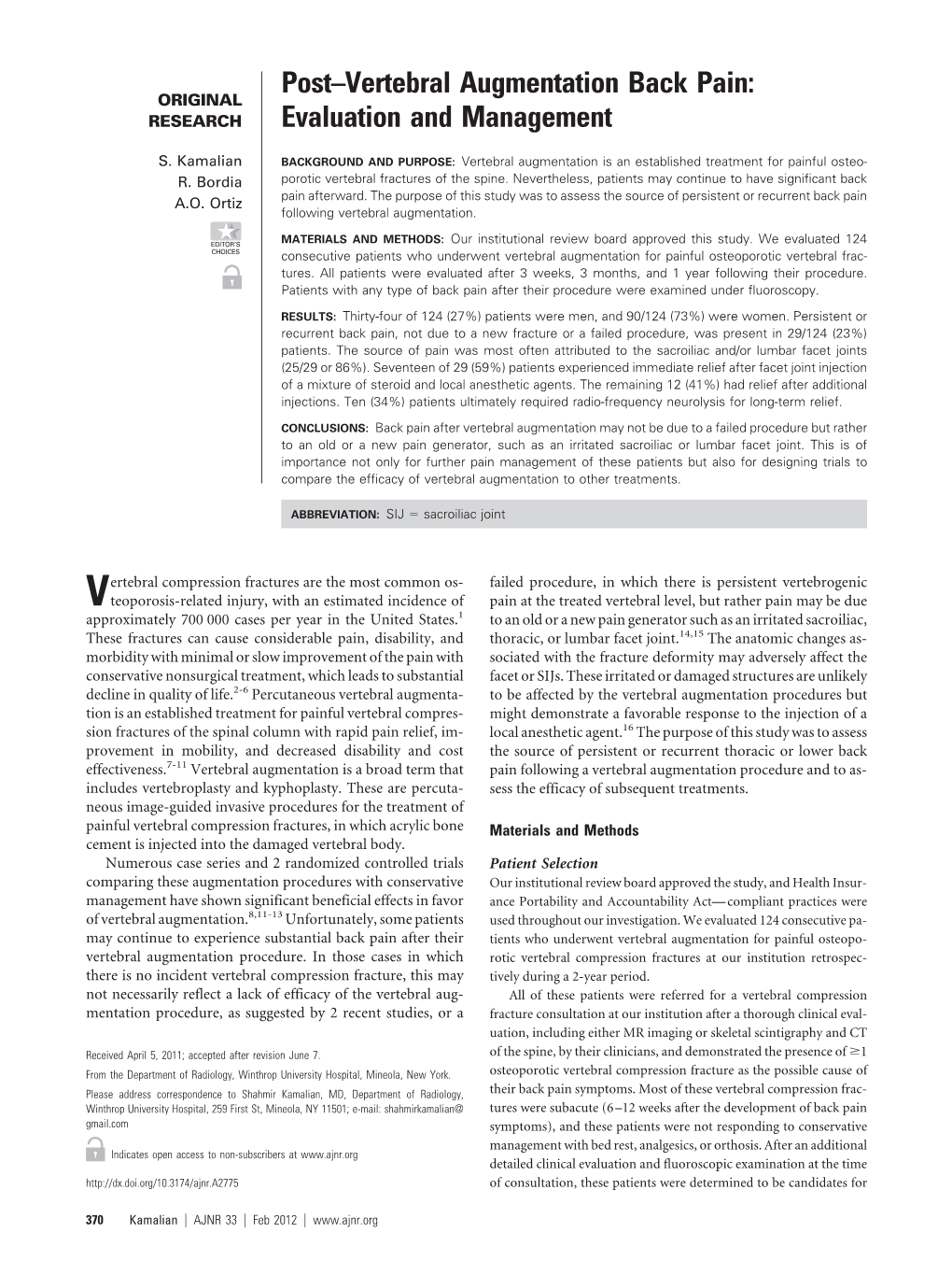 Post–Vertebral Augmentation Back Pain: ORIGINAL RESEARCH Evaluation and Management