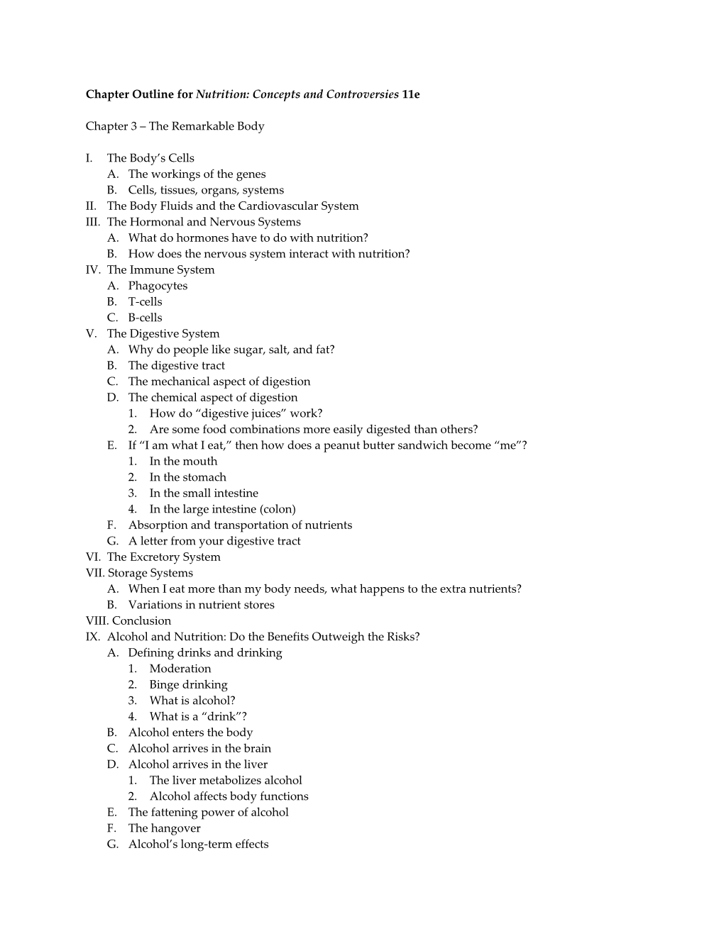 Chapter Outline for Nutrition: Concepts and Controversies 11E s1