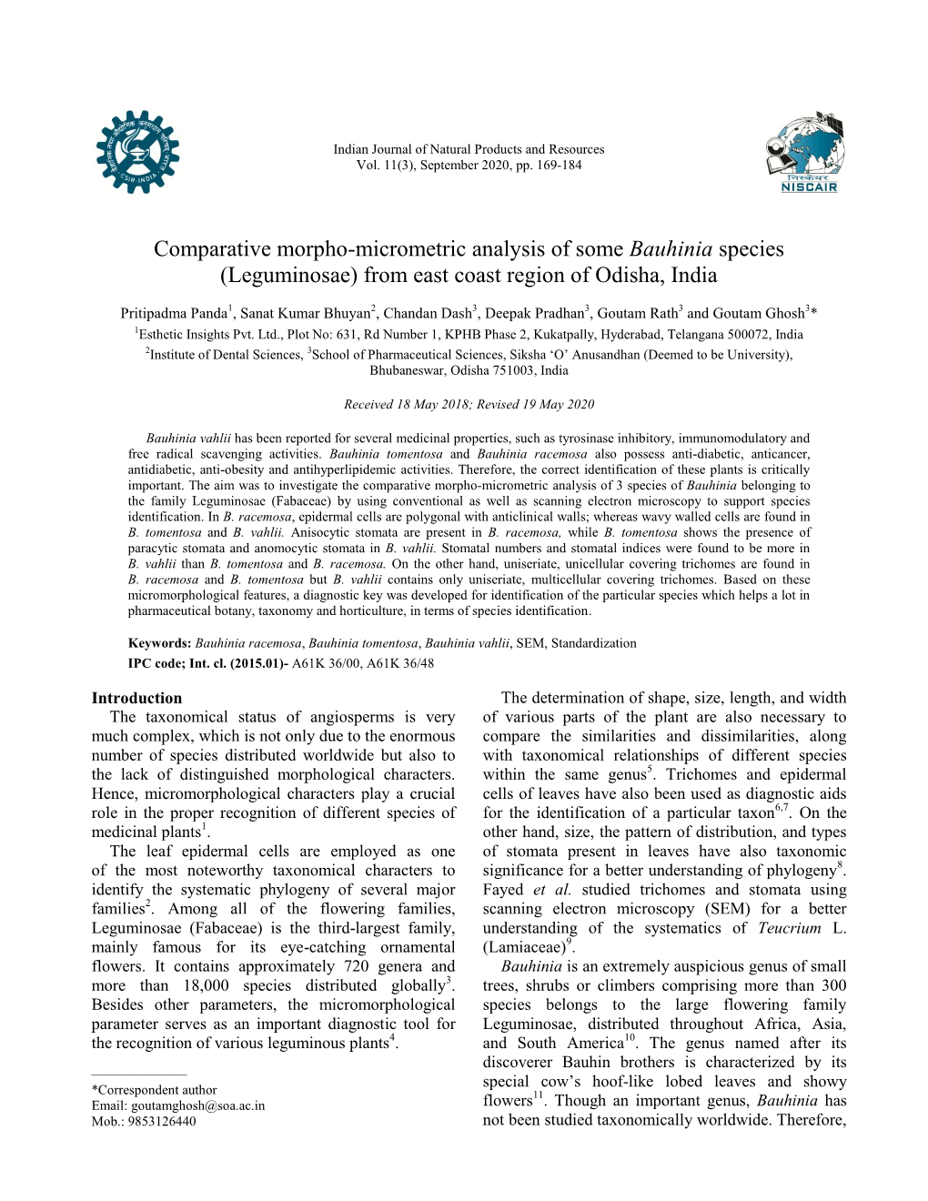 Comparative Morpho-Micrometric Analysis of Some Bauhinia Species (Leguminosae) from East Coast Region of Odisha, India