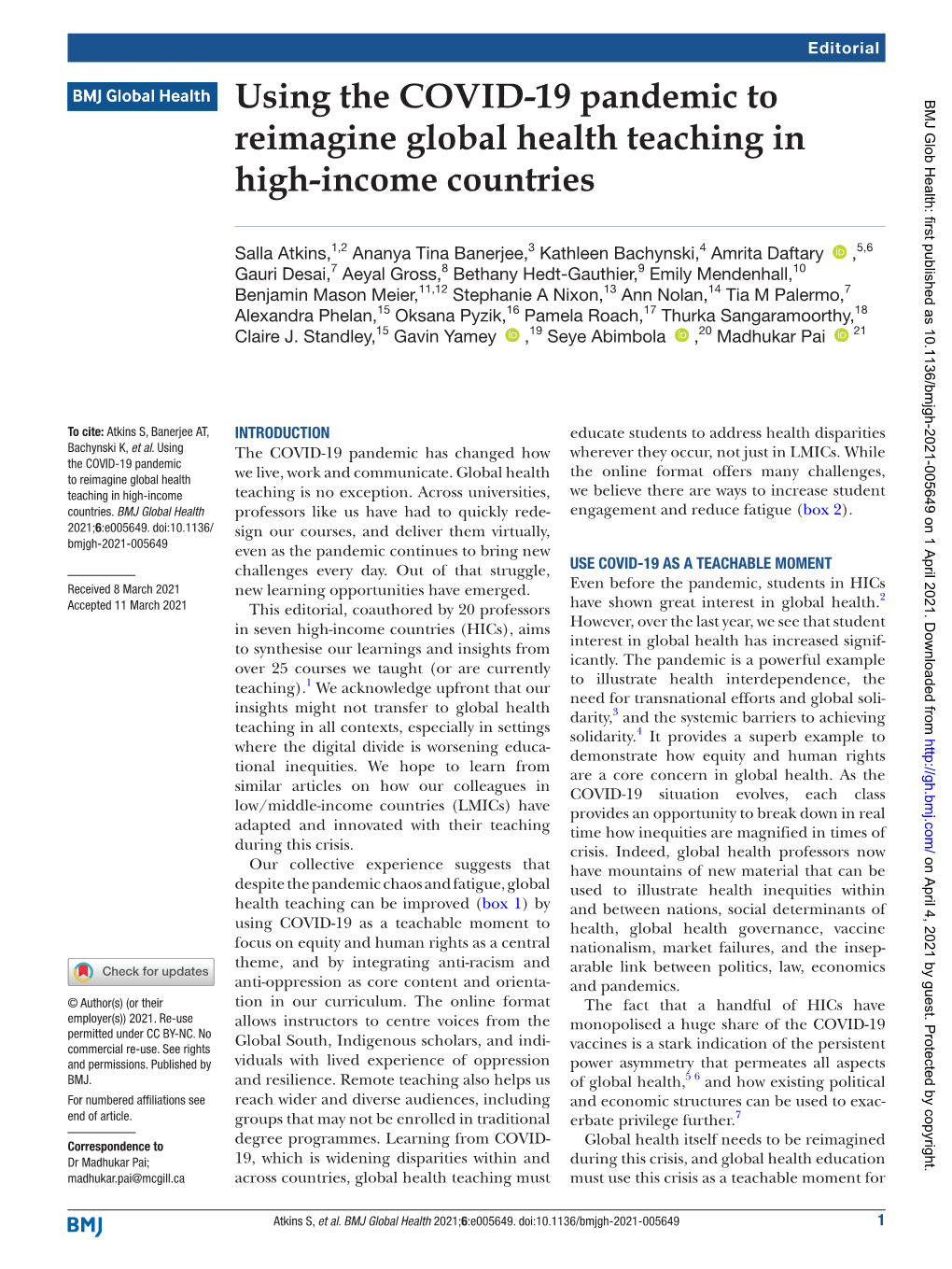 Using the COVID-19 Pandemic to Reimagine Global Health Teaching in High-Income Countries