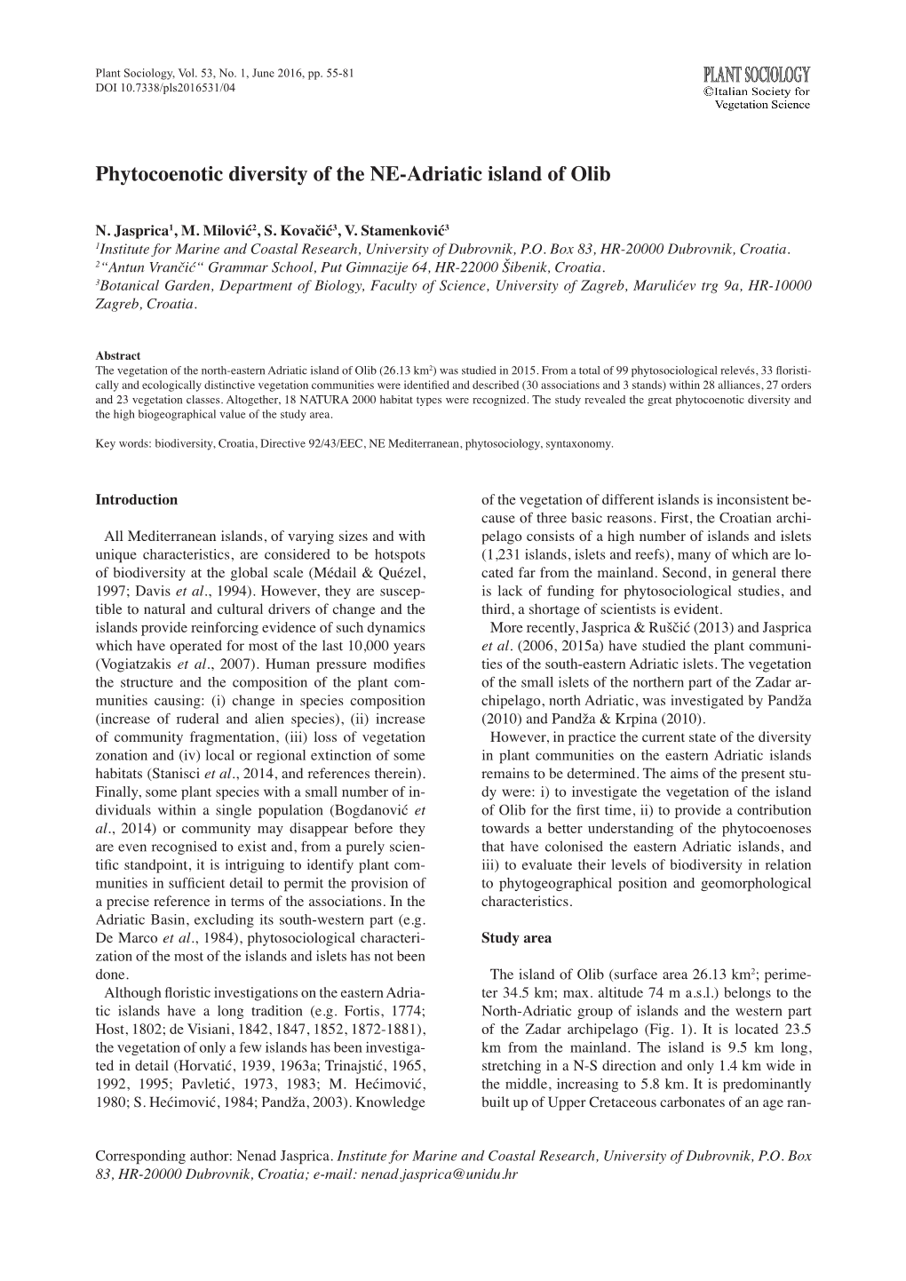 Phytocoenotic Diversity of the NE-Adriatic Island of Olib