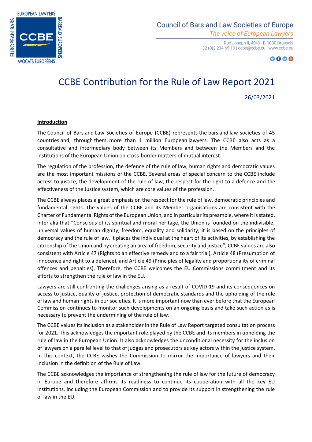 CCBE Contribution for the Rule of Law Report 2021 (26/03/2021)