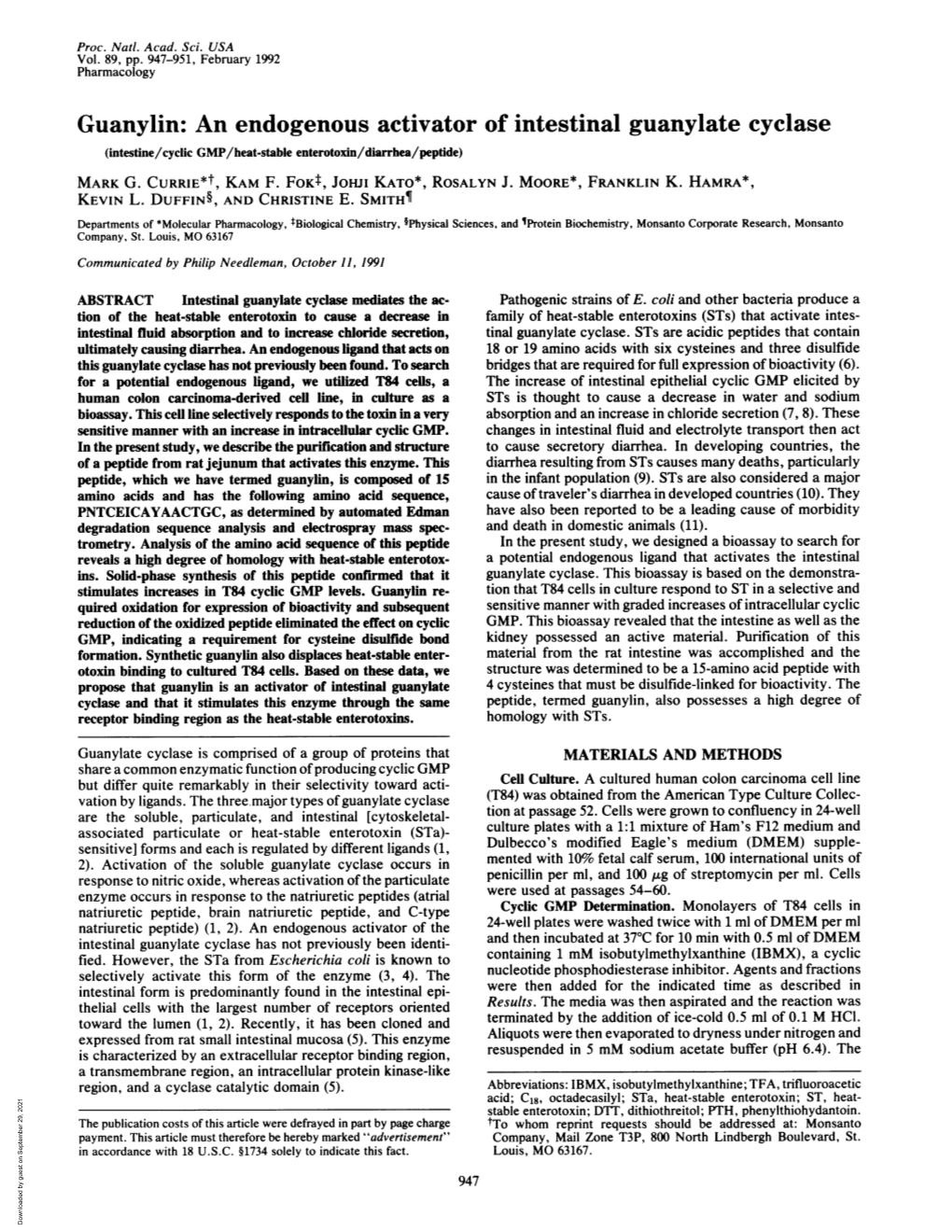 Guanylin: an Endogenous Activator of Intestinal Guanylate Cyclase (Intestine/Cyclic GMP/Heat-Stable Enterotoxin/Diarrhea/Peptide) MARK G