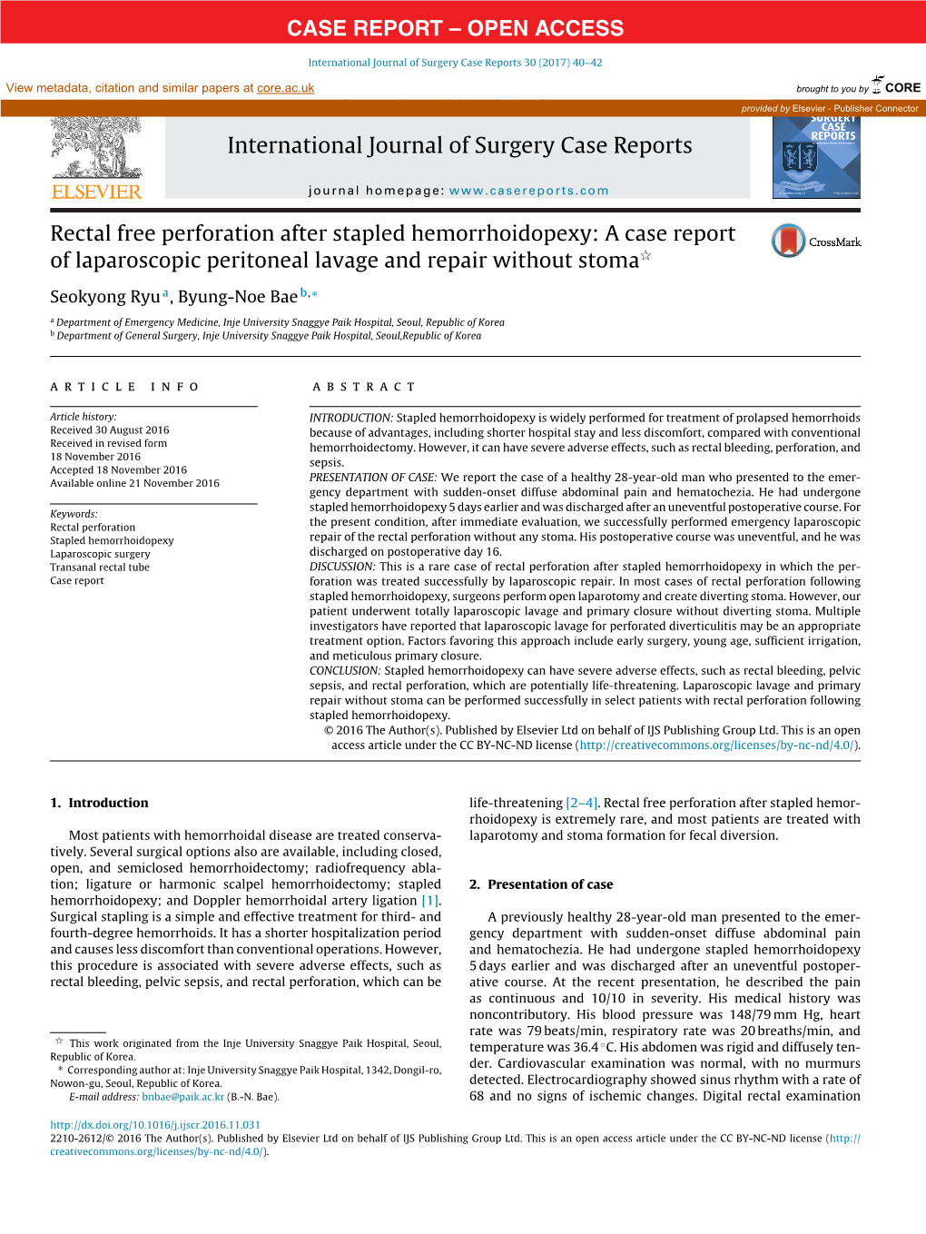 Rectal Free Perforation After Stapled Hemorrhoidopexy: a Case Report