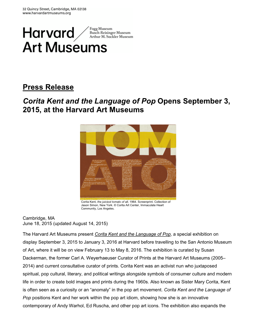 Press Release Corita Kent and the Language of Pop Opens