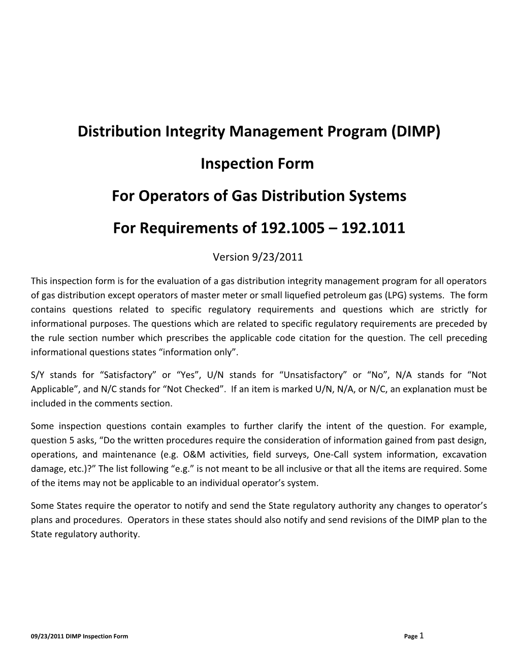 DIMP Inspection Form for 192.1005 Operators