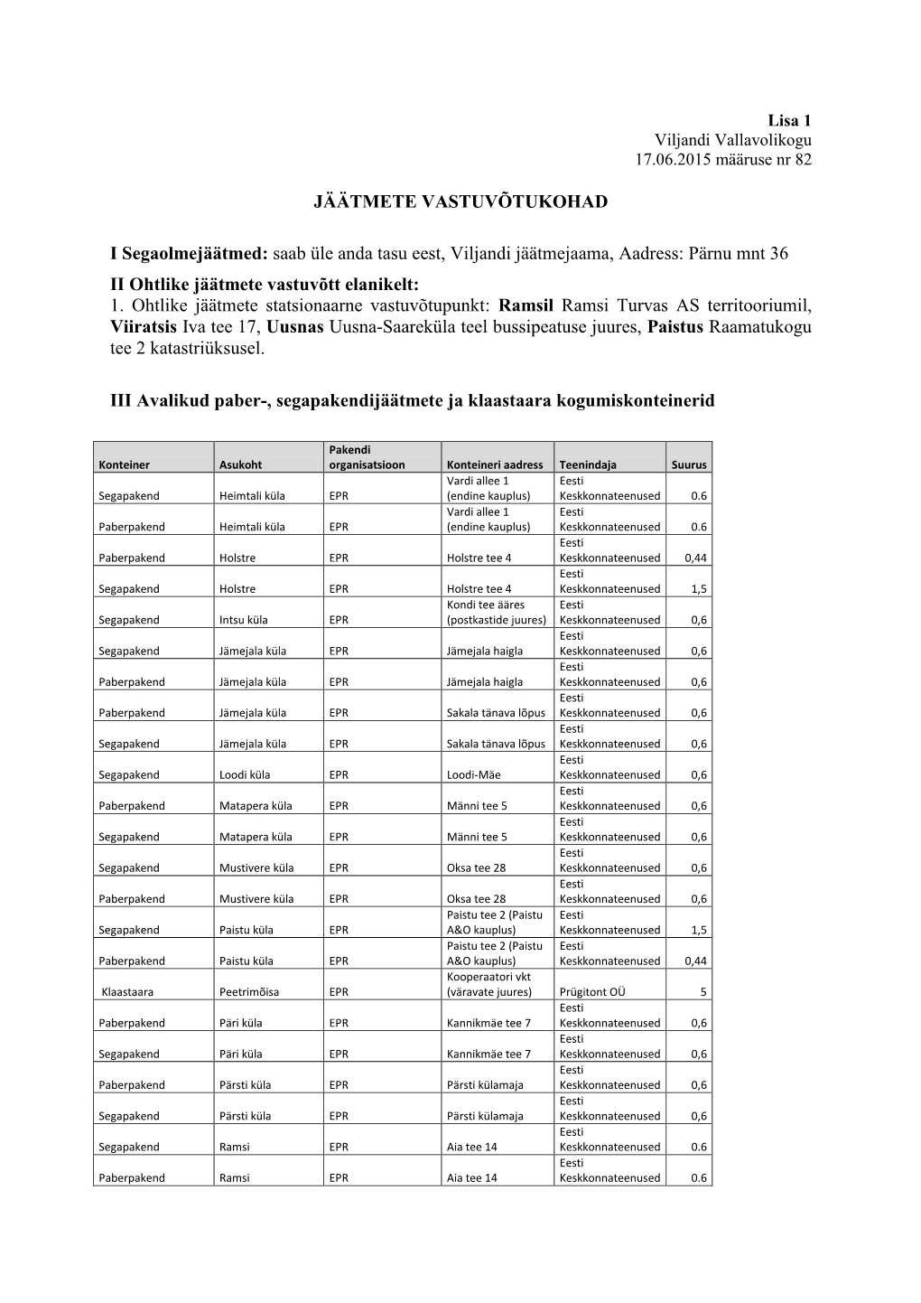 JÄÄTMETE VASTUVÕTUKOHAD I Segaolmejäätmed