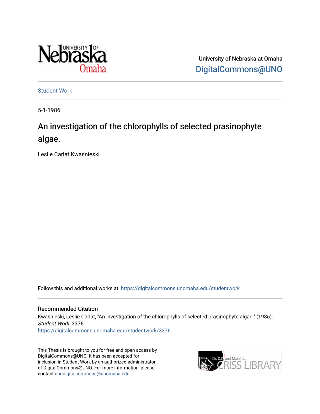 An Investigation of the Chlorophylls of Selected Prasinophyte Algae