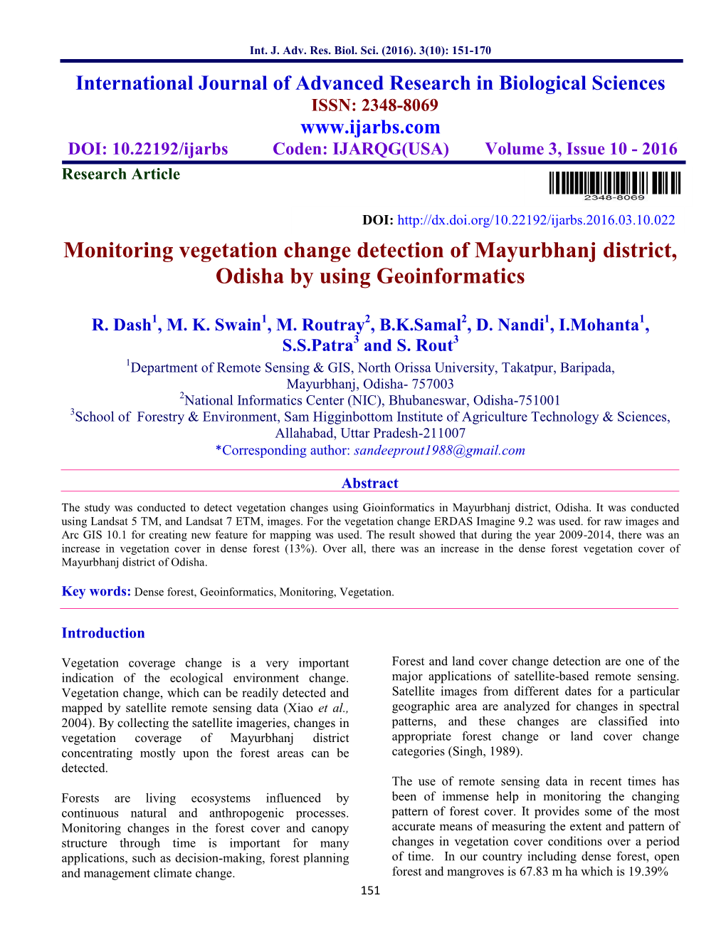 Monitoring Vegetation Change Detection of Mayurbhanj District, Odisha by Using Geoinformatics