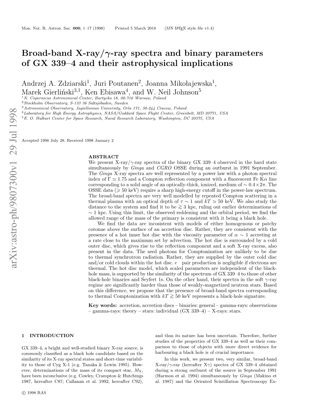 Broad-Band X-Ray/Γ-Ray Spectra and Binary Parameters of GX 339