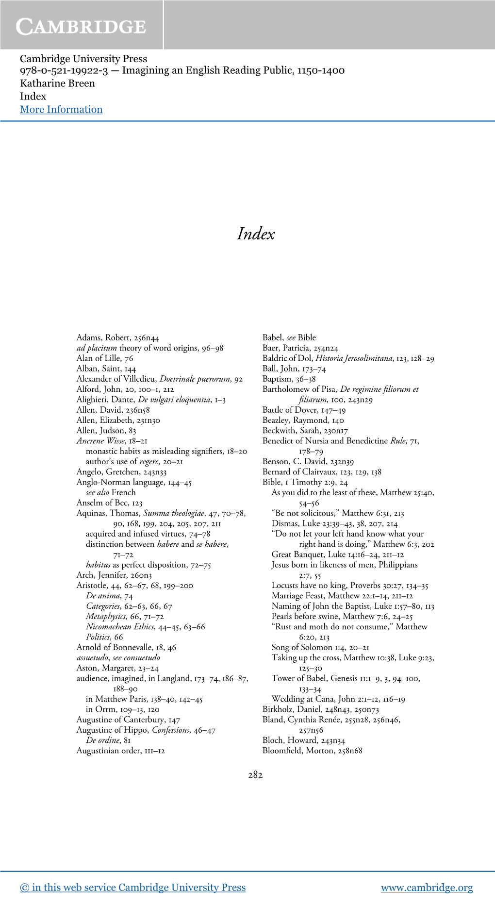 Cambridge University Press 978-0-521-19922-3 — Imagining an English Reading Public, 1150-1400 Katharine Breen Index More Information