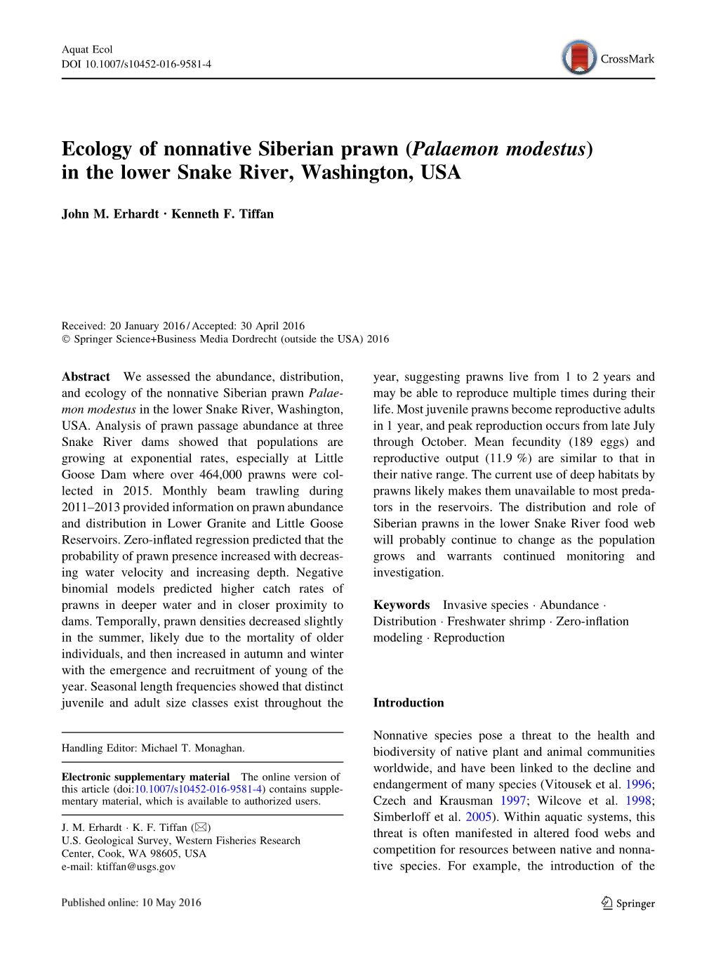 Ecology of Nonnative Siberian Prawn (Palaemon Modestus) in the Lower Snake River, Washington, USA