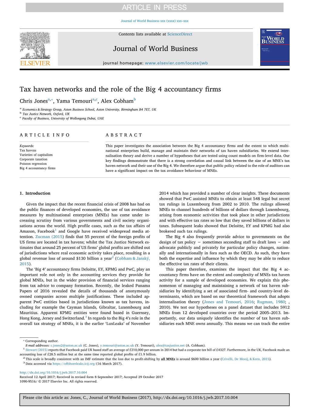 Tax Haven Networks and the Role of the Big 4 Accountancy Firms