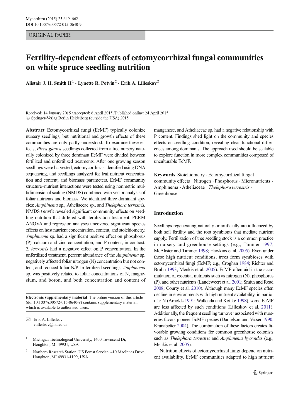 Fertility-Dependent Effects of Ectomycorrhizal Fungal Communities on White Spruce Seedling Nutrition