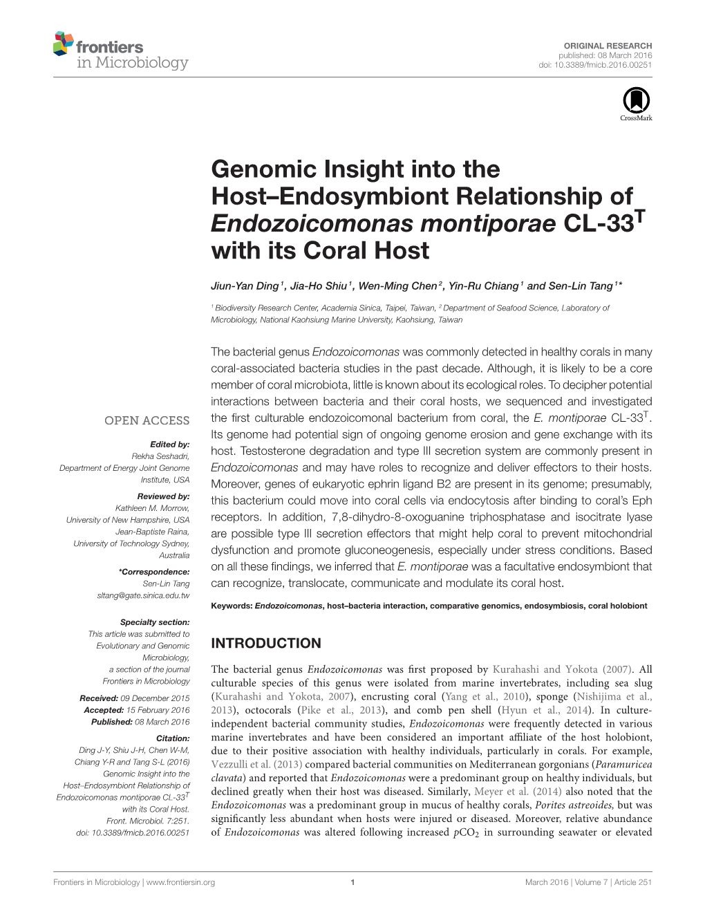 Genomic Insight Into the Host–Endosymbiont Relationship of Endozoicomonas Montiporae CL-33T with Its Coral Host