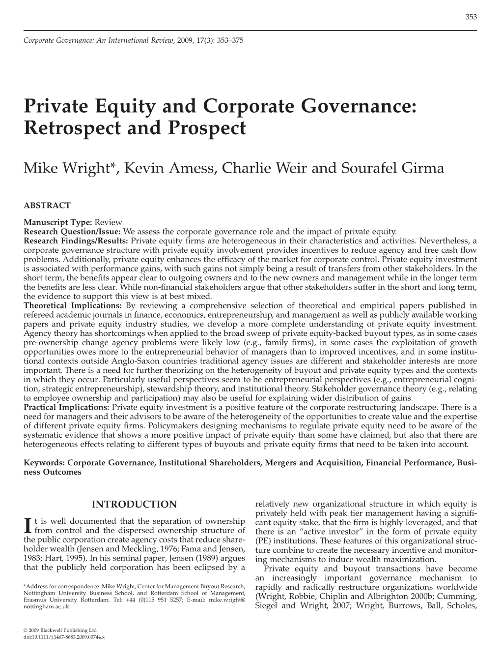 Private Equity and Corporate Governance: Retrospect and Prospect