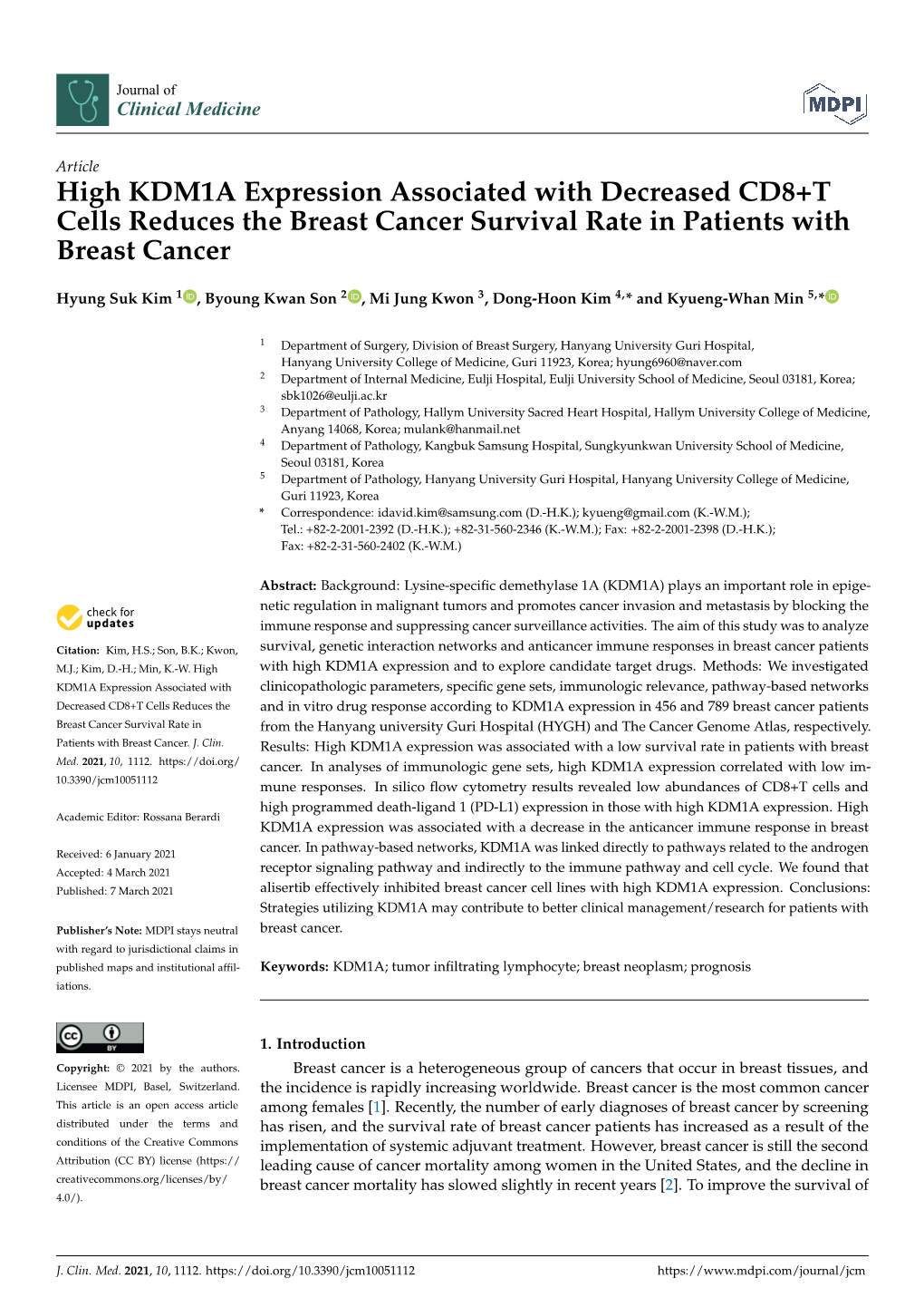 High KDM1A Expression Associated with Decreased CD8+T Cells Reduces the Breast Cancer Survival Rate in Patients with Breast Cancer