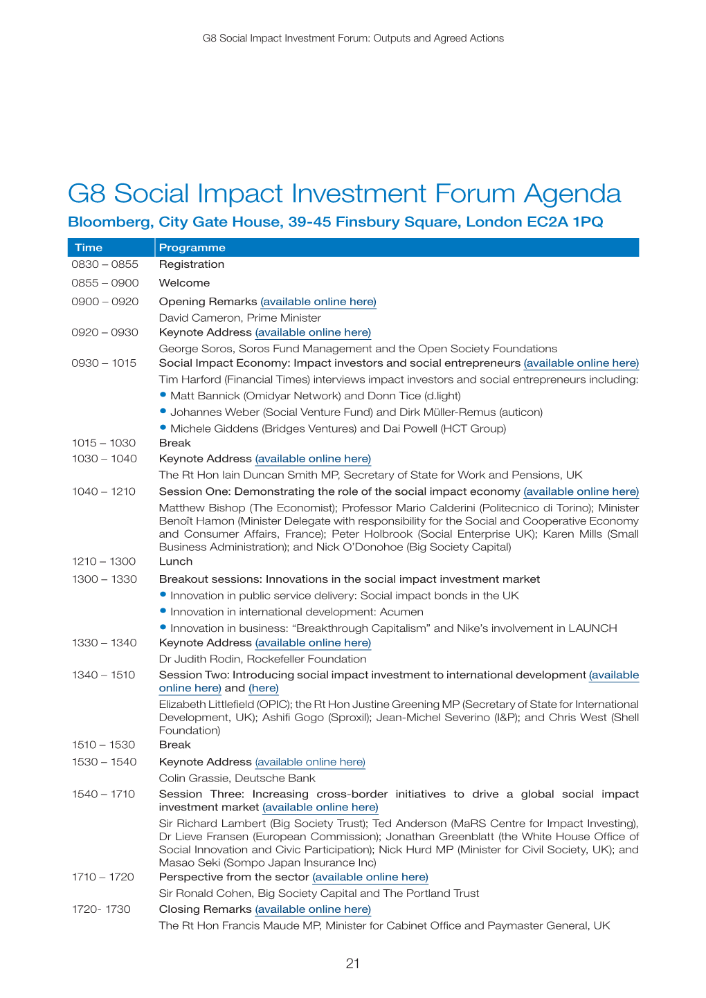 Social Impact Investment Forum: Outputs and Agreed Actions