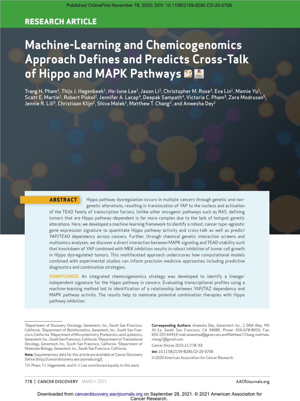Machine-Learning and Chemicogenomics Approach Defi Nes and Predicts Cross-Talk of Hippo and MAPK Pathways