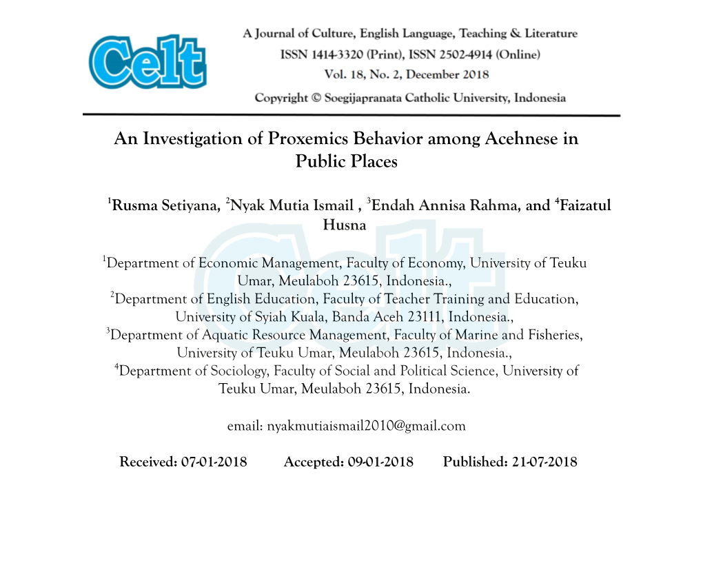 An Investigation of Proxemics Behavior Among Acehnese in Public Places