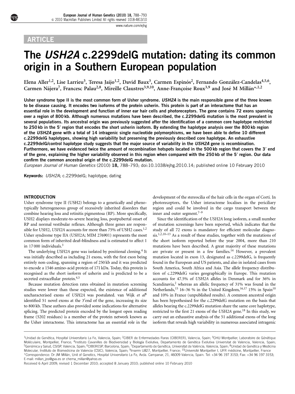 The USH2A C.2299Delg Mutation: Dating Its Common Origin in a Southern European Population