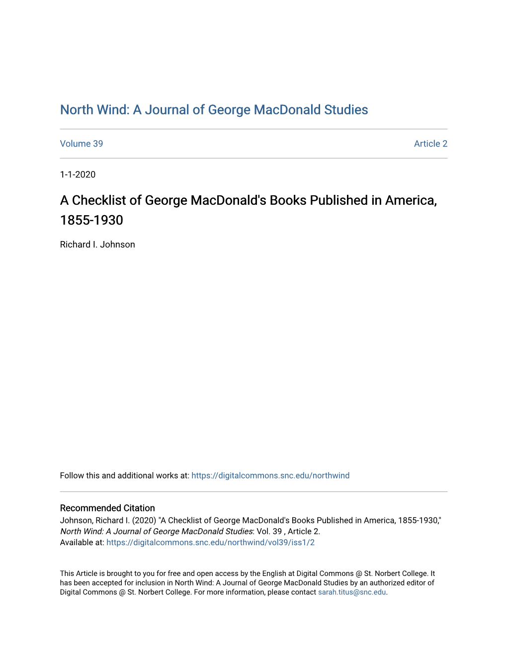 A Checklist of George Macdonald's Books Published in America, 1855-1930