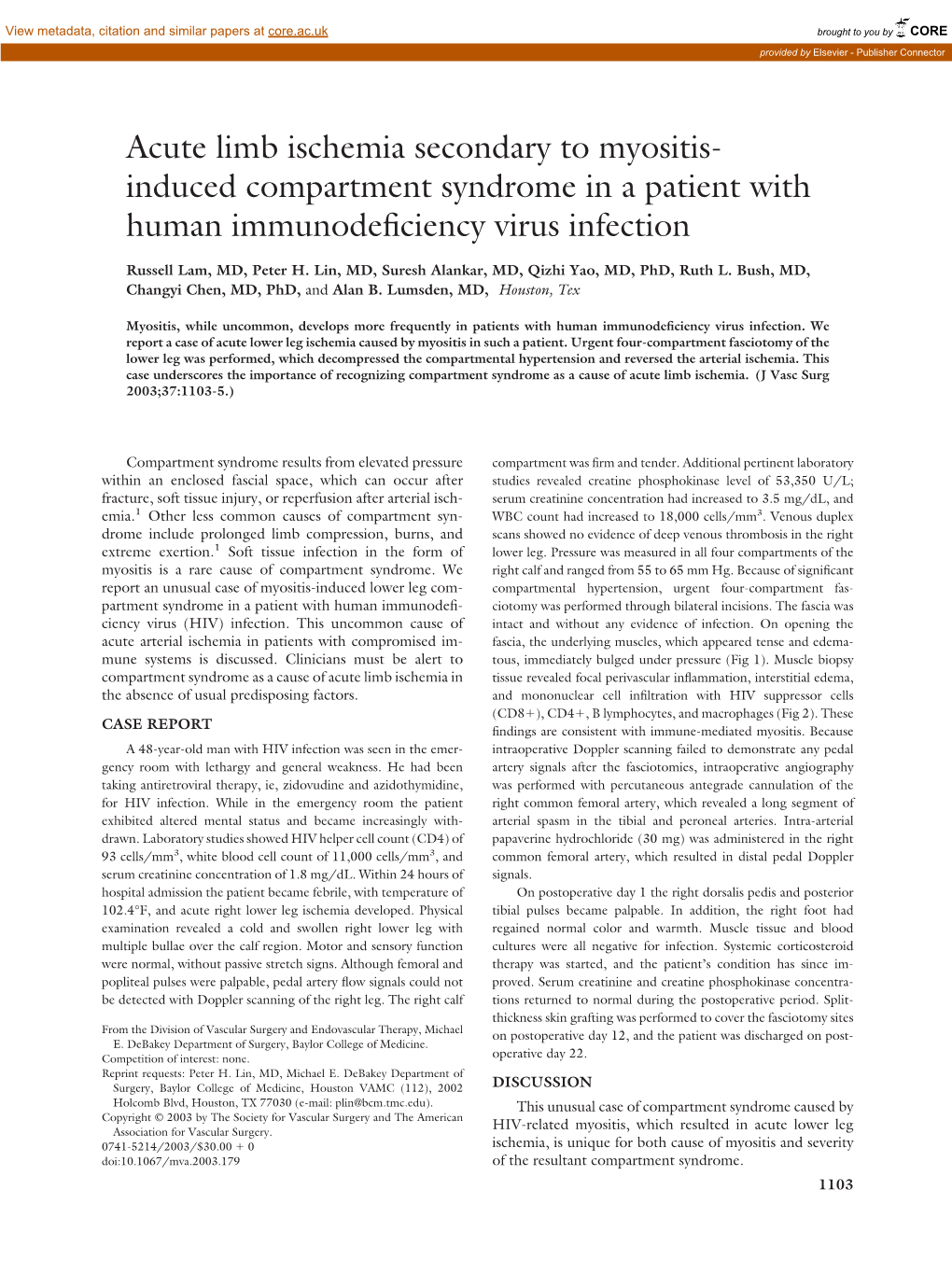 Acute Limb Ischemia Secondary to Myositis- Induced Compartment Syndrome in a Patient with Human Immunodeﬁciency Virus Infection