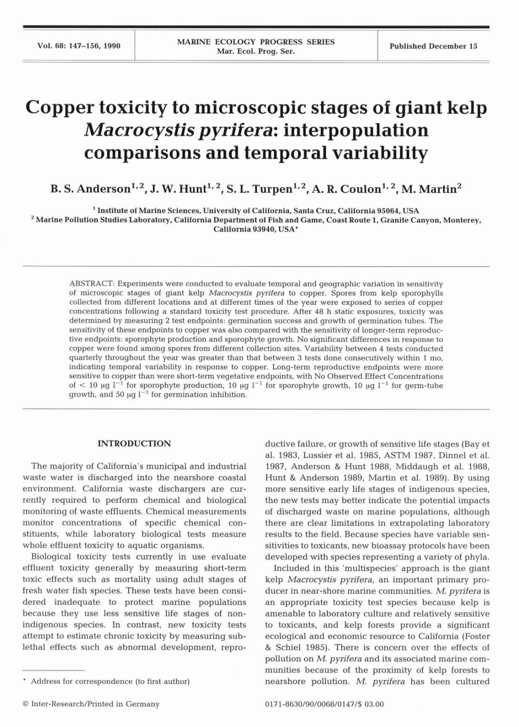 Macrocystis Pyrifera: Interpopulation Comparisons and Temporal Variability