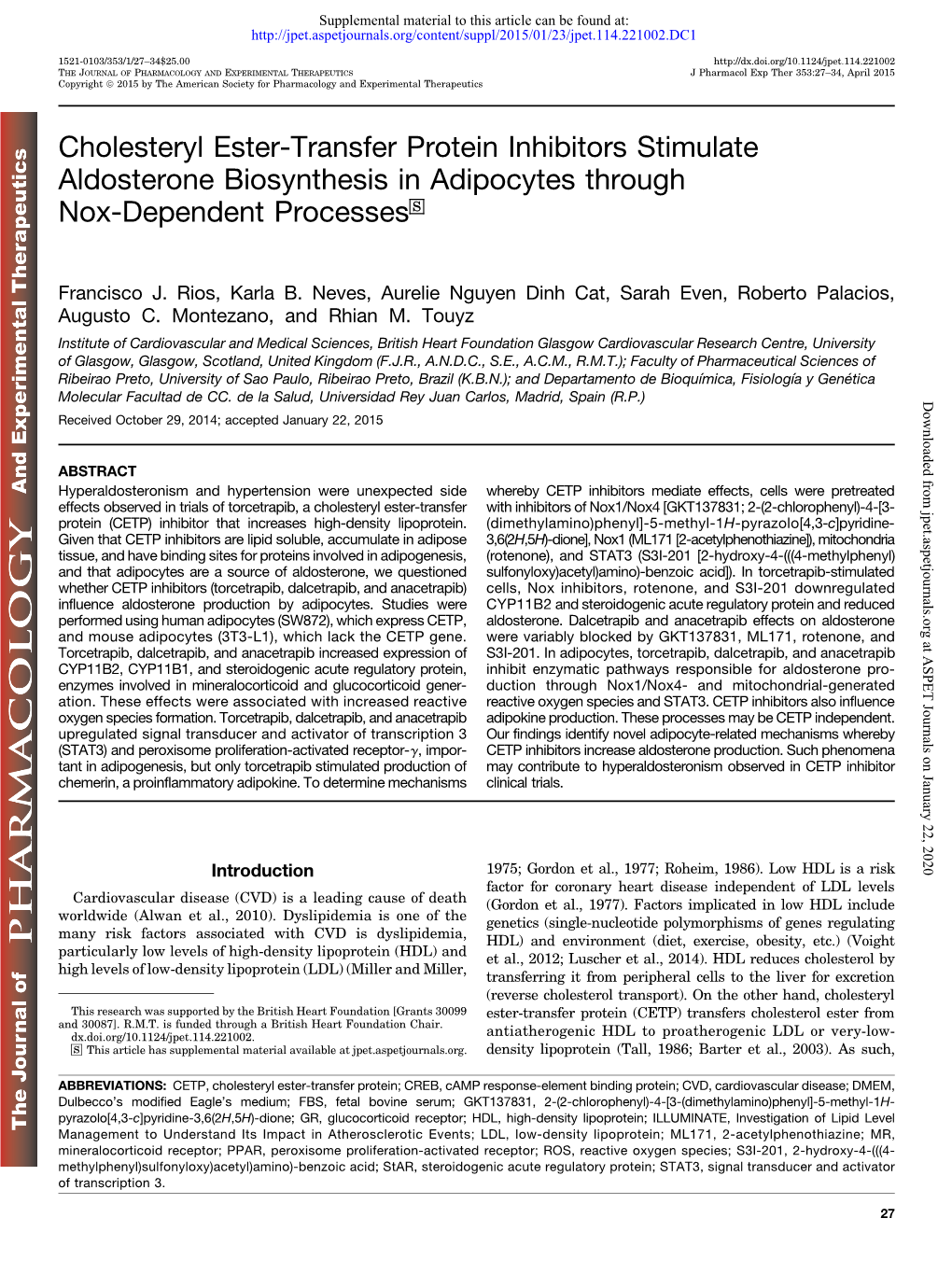 Cholesteryl Ester-Transfer Protein Inhibitors Stimulate Aldosterone Biosynthesis in Adipocytes Through Nox-Dependent Processes S