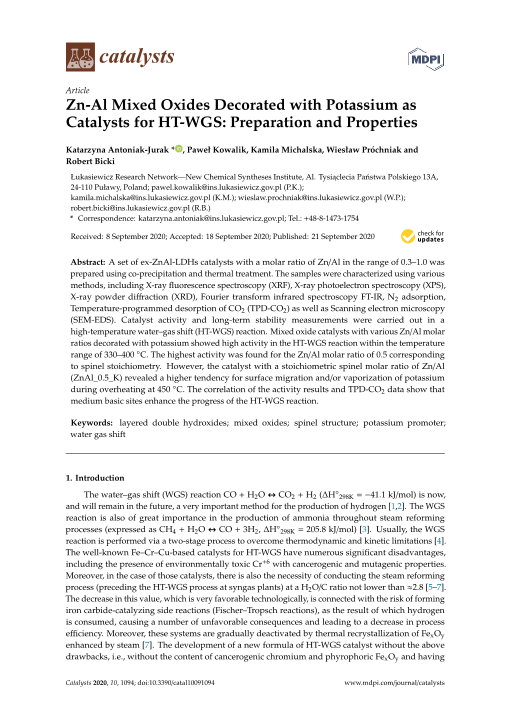 Zn-Al Mixed Oxides Decorated with Potassium As Catalysts for HT-WGS: Preparation and Properties