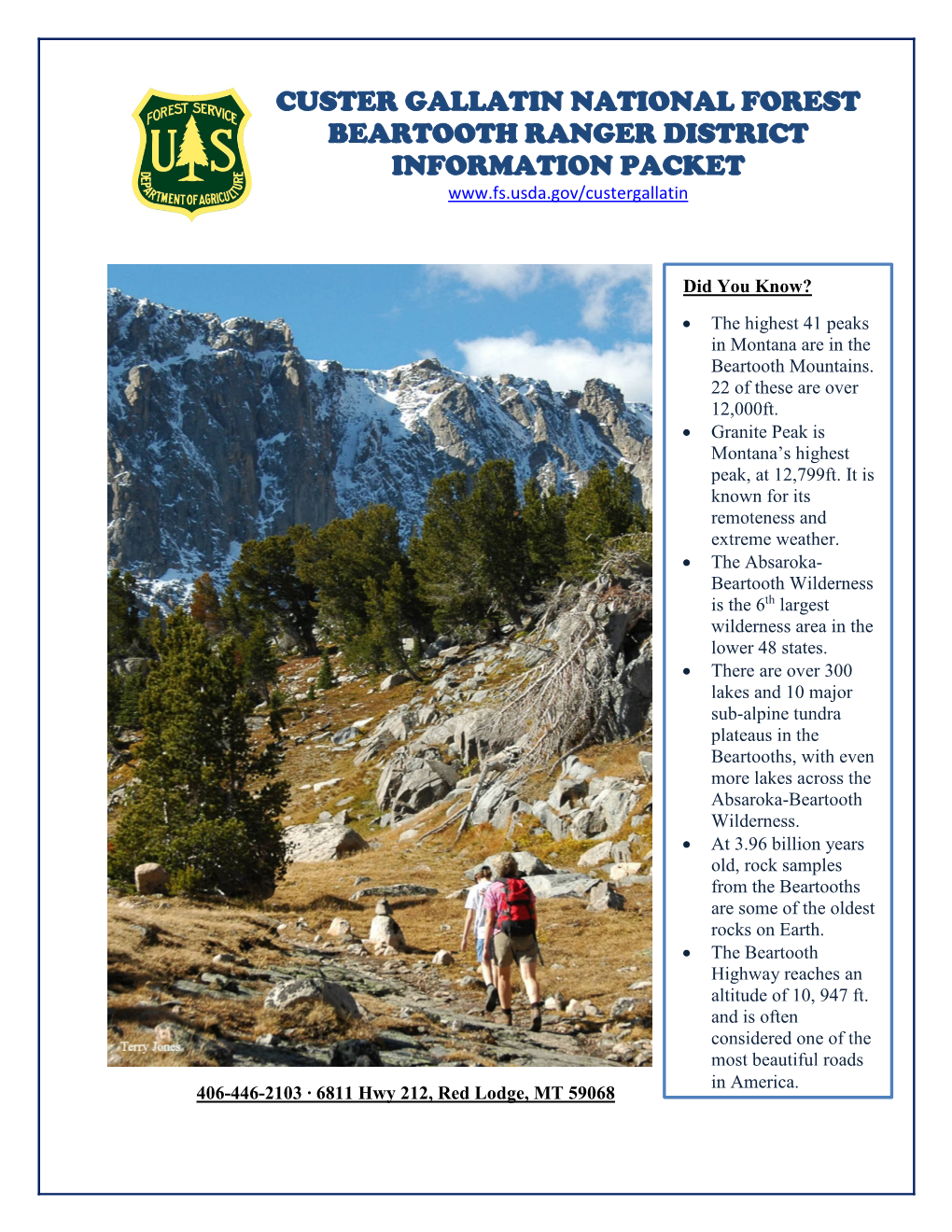 Custer Gallatin National Forest Beartooth Ranger District Information Packet