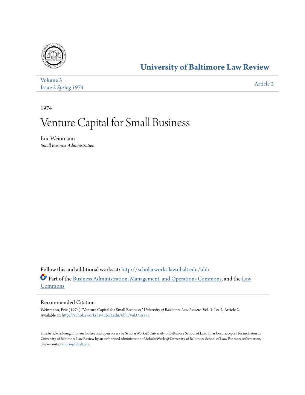 Venture Capital for Small Business Eric Weinmann Small Business Administration