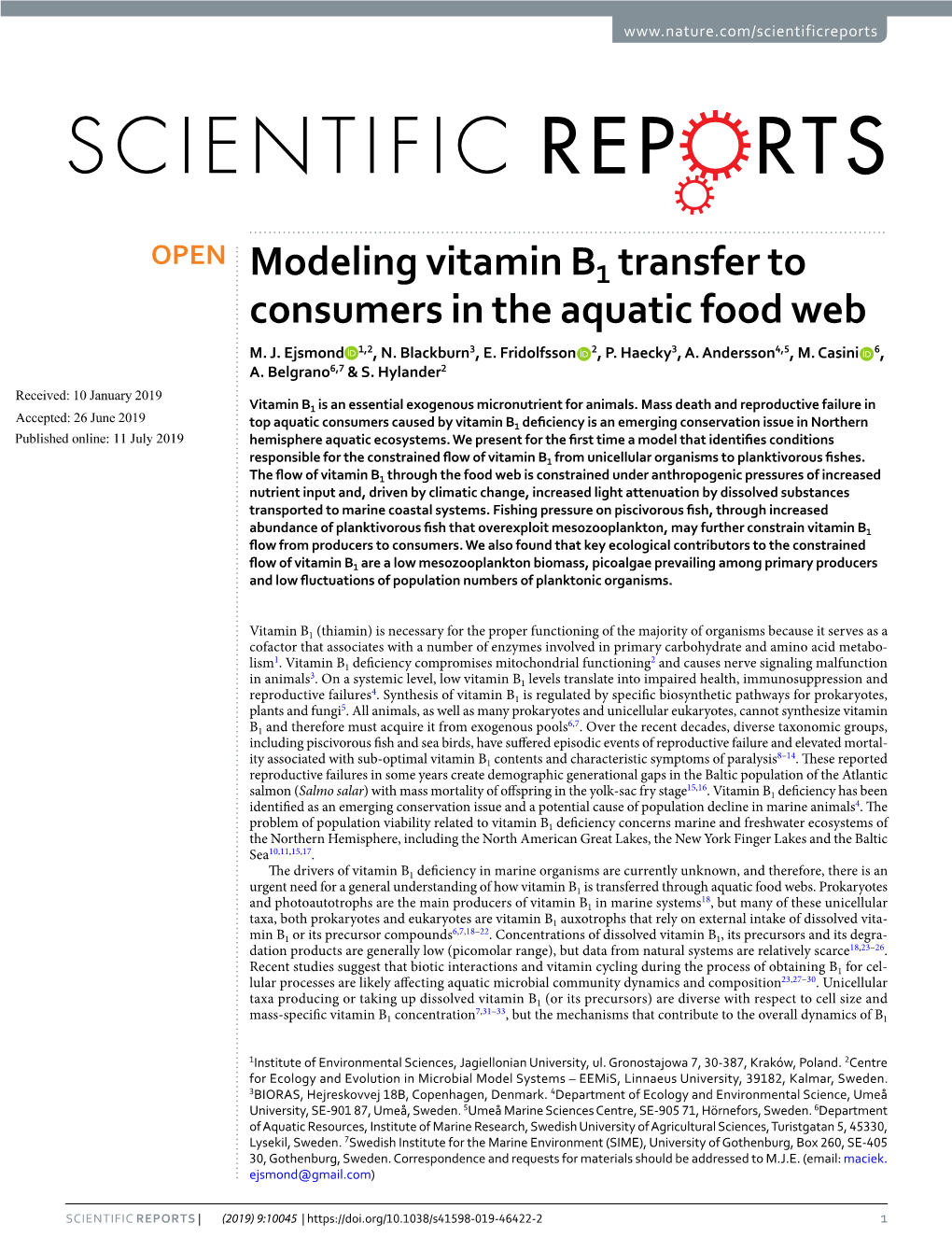 Modeling Vitamin B1 Transfer to Consumers in the Aquatic Food Web M