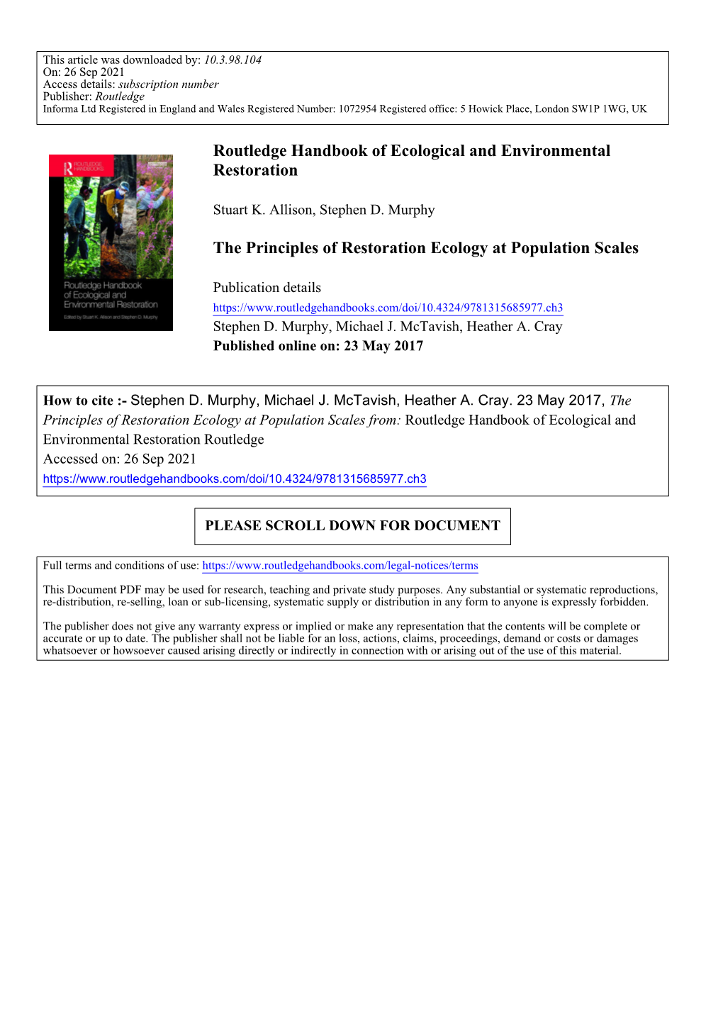 Routledge Handbook of Ecological and Environmental Restoration the Principles of Restoration Ecology at Population Scales