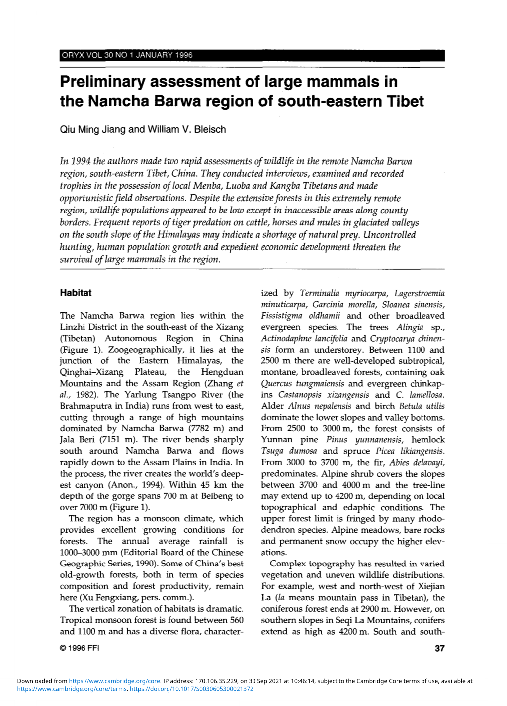 Preliminary Assessment of Large Mammals in the Namcha Barwa Region of South-Eastern Tibet