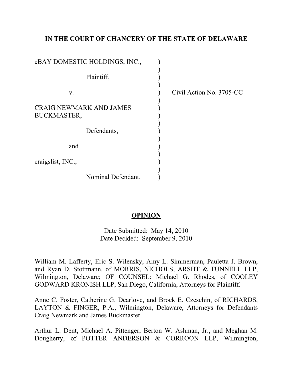 IN the COURT of CHANCERY of the STATE of DELAWARE Ebay DOMESTIC HOLDINGS, INC., ) ) Plaintiff, ) ) V. ) Civil Action