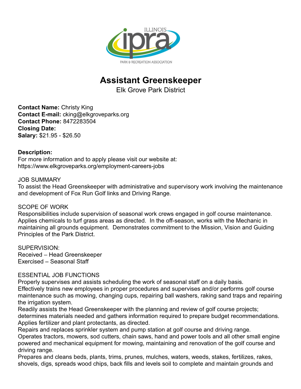 Assistant Greenskeeper Elk Grove Park District