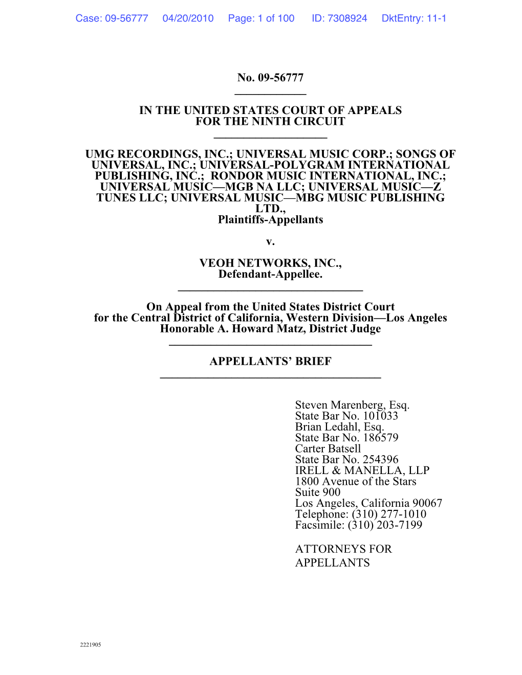 UMG V Veoh 9Th Opening Brief.Pdf