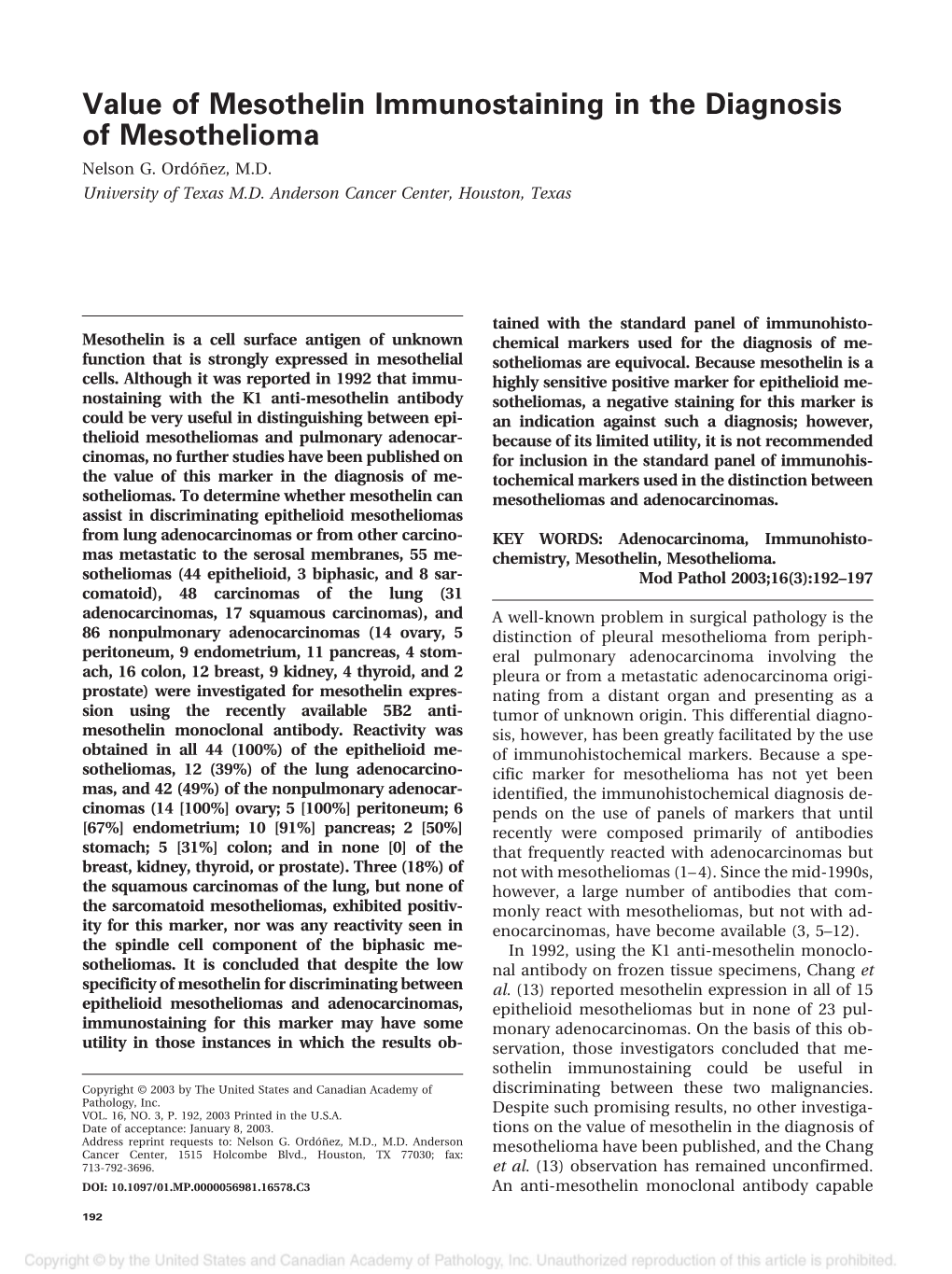 Value of Mesothelin Immunostaining in the Diagnosis of Mesothelioma Nelson G