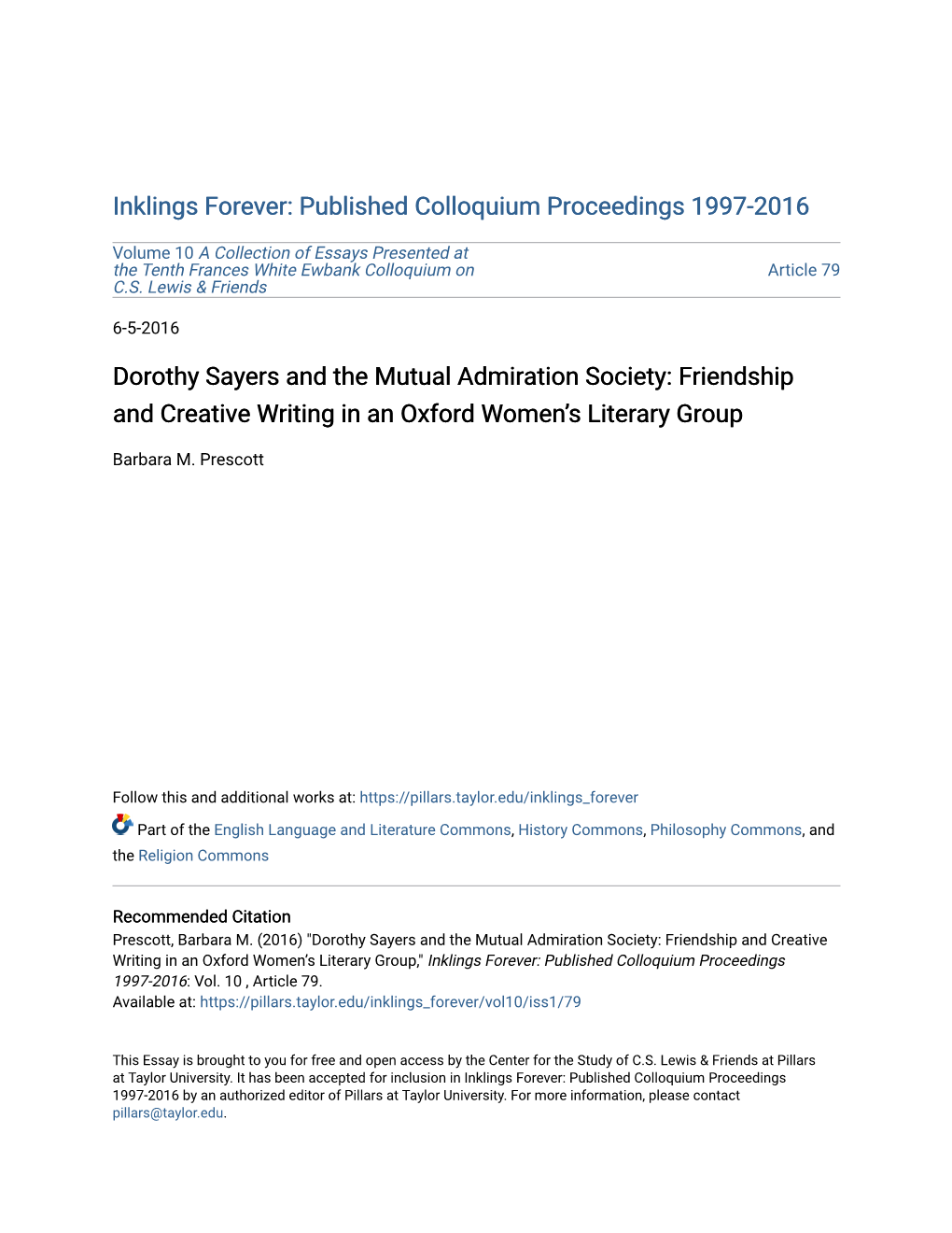 Dorothy Sayers and the Mutual Admiration Society: Friendship and Creative Writing in an Oxford Women’S Literary Group