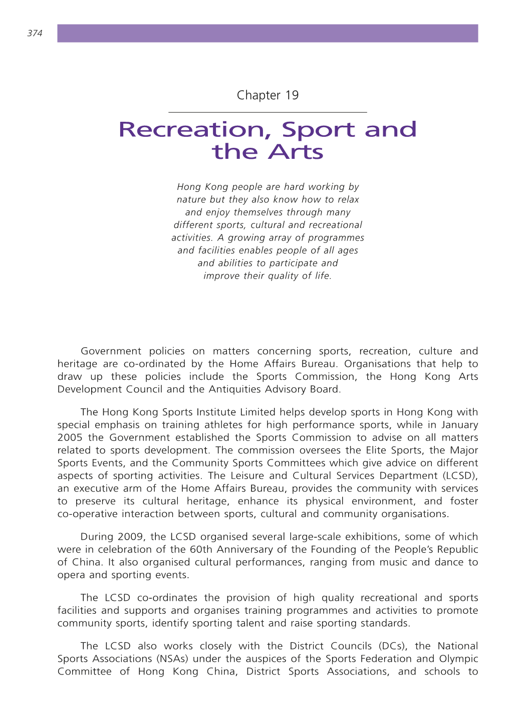 Recreation, Sport and the Arts