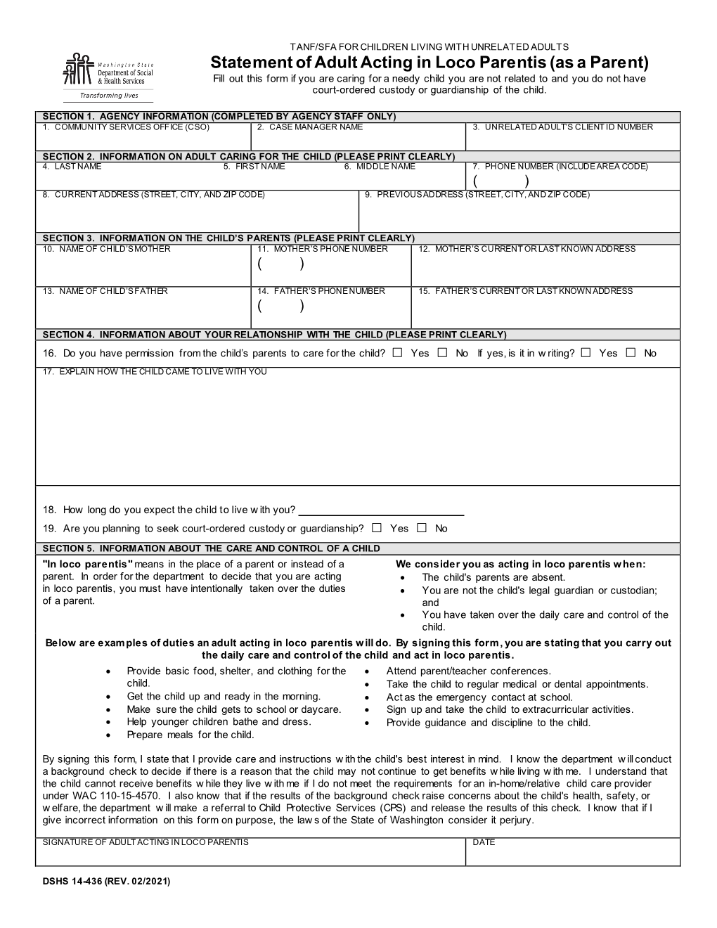 14-436 Statement of Adult Acting in Loco Parentis (As a Parent)